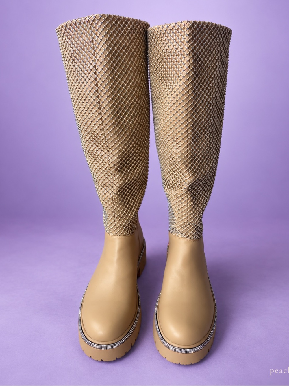 Women’s Size 9 Tan Rhinestone Mesh Knee-High Boots